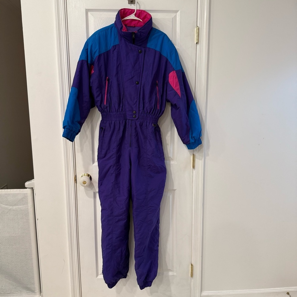Vintage Stagsport Purple, Pink and Blue color block one piece Ski Suit size 14